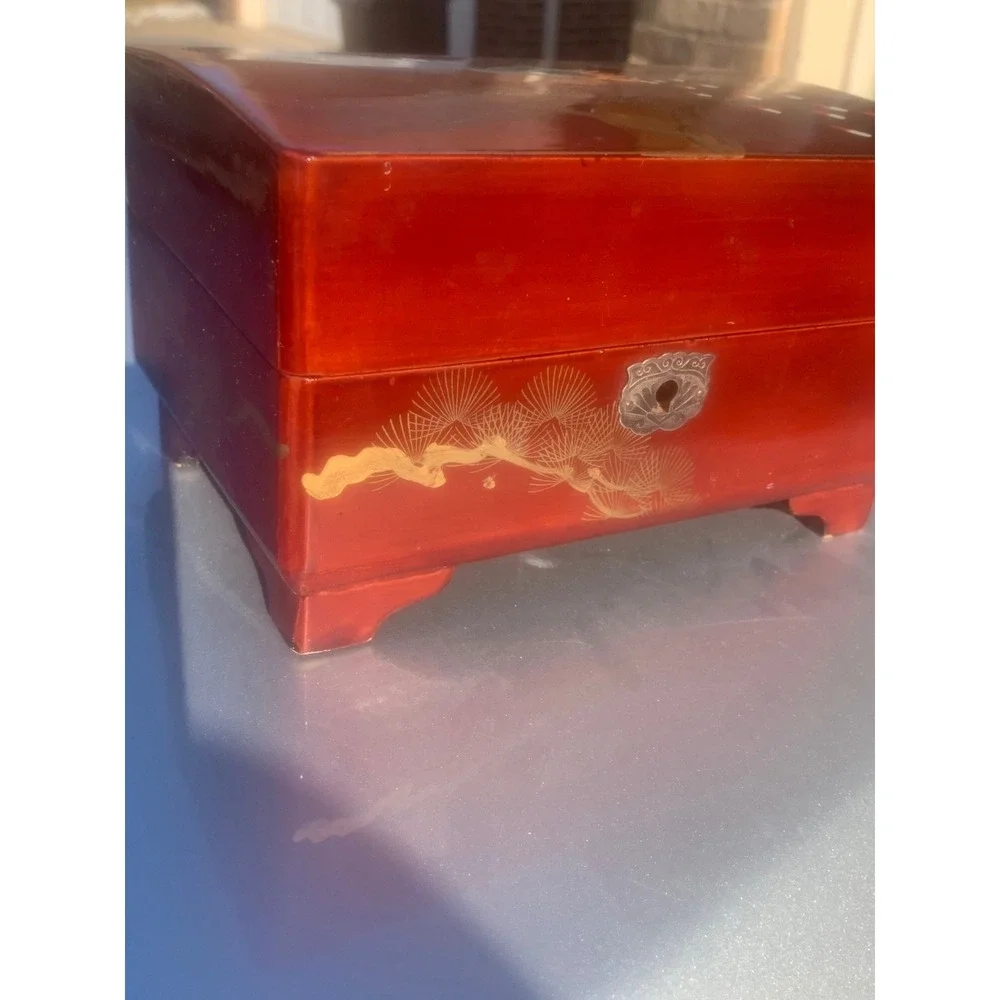 Vintage Japanese Lacquer Ballerina Music Jewelry Box Peacock Moon Red Velvet
